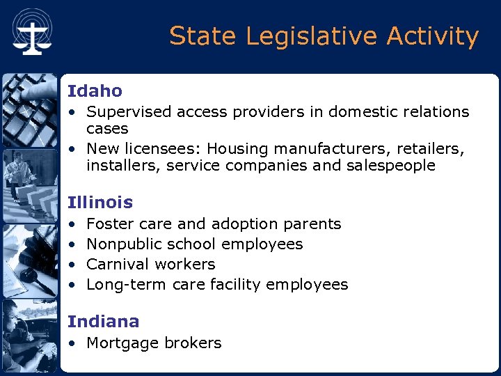 State Legislative Activity Idaho • Supervised access providers in domestic relations cases • New