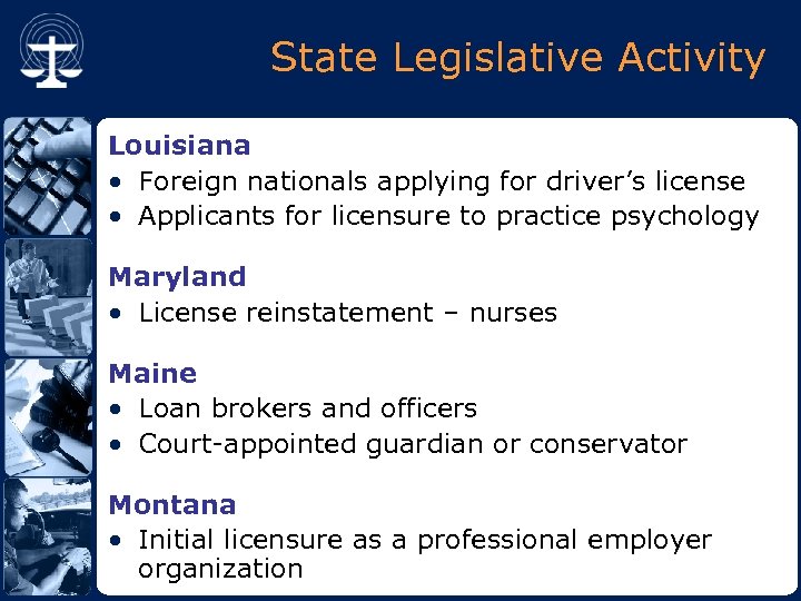 State Legislative Activity Louisiana • Foreign nationals applying for driver’s license • Applicants for