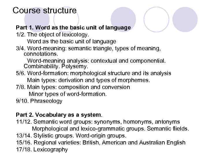 Course structure Part 1. Word as the basic unit of language 1/2. The object