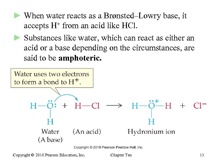 ► When water reacts as a Brønsted–Lowry base, it accepts H+ from an acid