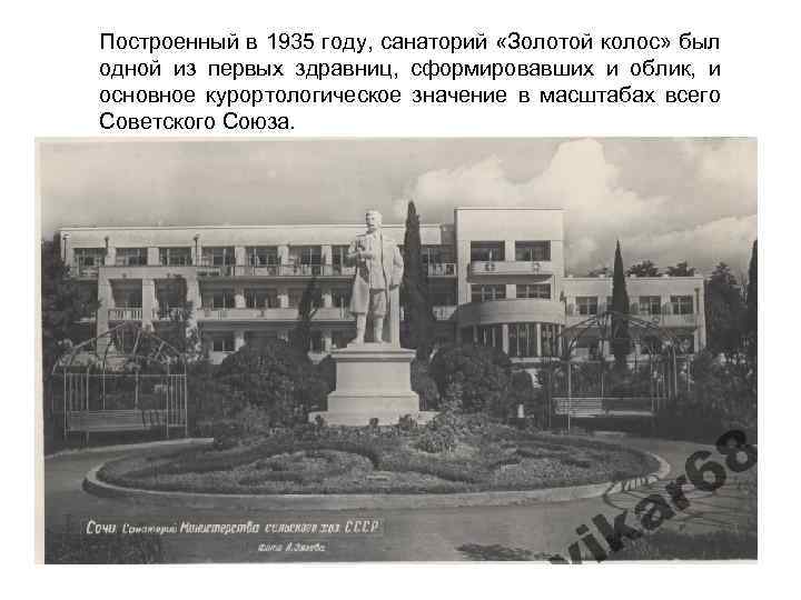 Построенный в 1935 году, санаторий «Золотой колос» был одной из первых здравниц, сформировавших и