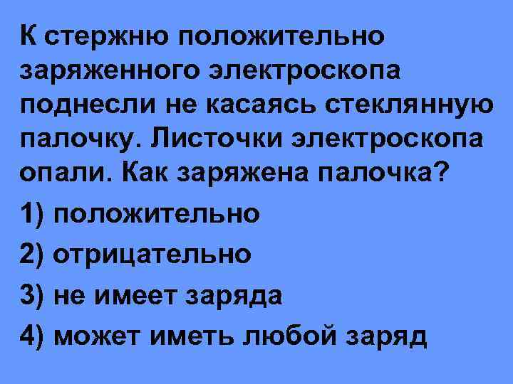 К стержню положительно заряженного электроскопа поднесли не касаясь стеклянную палочку. Листочки электроскопа опали. Как