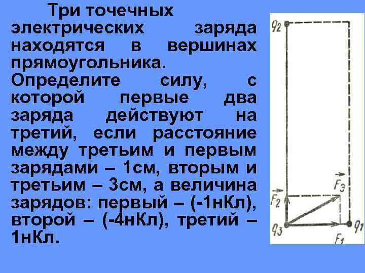 Три точечных электрических заряда находятся в вершинах прямоугольника. Определите силу, с которой первые два
