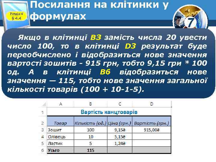 Розділ 4 § 4. 4 Посилання на клітинки у формулах 7 Якщо в клітинці