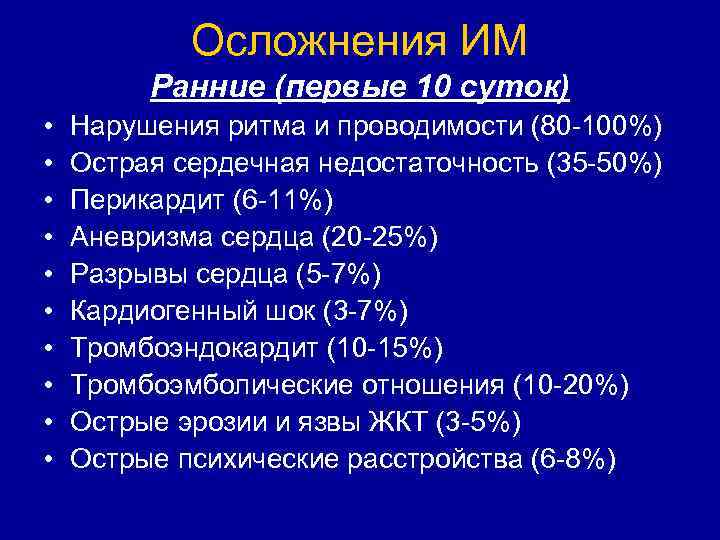 Осложнения ИМ Ранние (первые 10 суток) • • • Нарушения ритма и проводимости (80