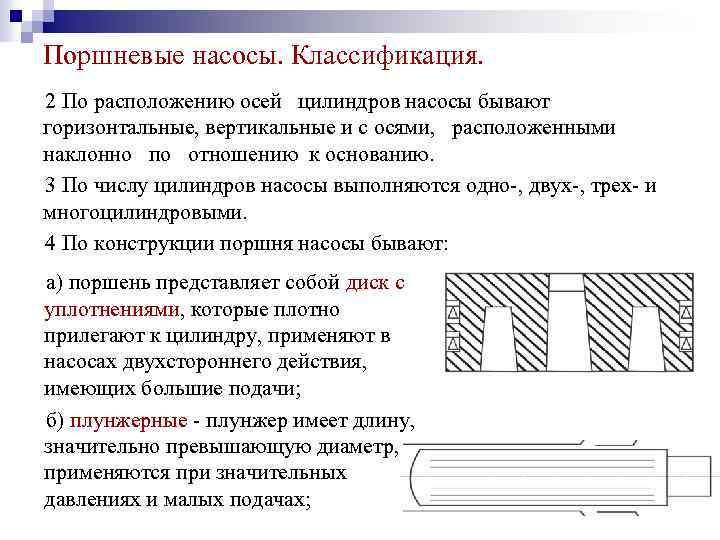 Поршневые насосы. Классификация. 2 По расположению осей цилиндров насосы бывают горизонтальные, вертикальные и с