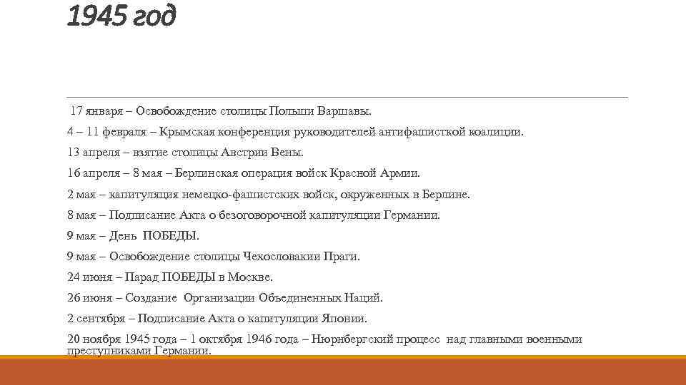 1945 год 17 января – Освобождение столицы Польши Варшавы. 4 – 11 февраля –