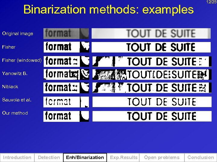 Binarization methods: examples 12/25 Original image Fisher (windowed) Yanowitz B. Niblack Sauvola et al.