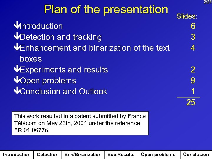 Plan of the presentation êIntroduction êDetection and tracking êEnhancement and binarization of the text