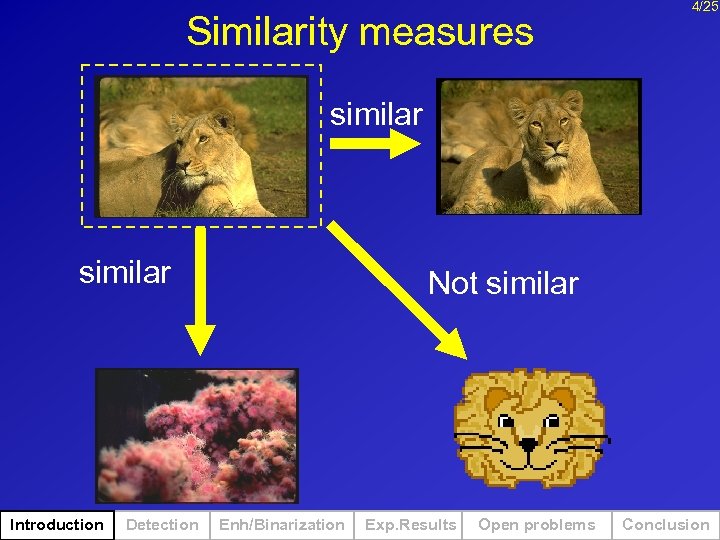 Similarity measures 4/25 similar Introduction Detection Not similar Enh/Binarization Exp. Results Open problems Conclusion
