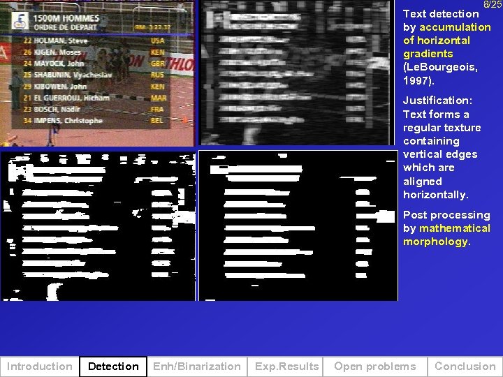 8/25 Text detection by accumulation of horizontal gradients (Le. Bourgeois, 1997). Justification: Text forms