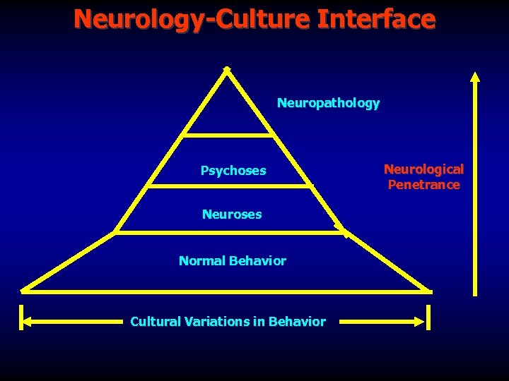 Neurology-Culture Interface Neuropathology Psychoses Neuroses Normal Behavior Cultural Variations in Behavior Neurological Penetrance 