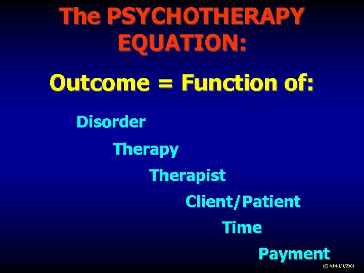 The PSYCHOTHERAPY EQUATION: Outcome = Function of: Disorder Therapy Therapist Client/Patient Time Payment (C)