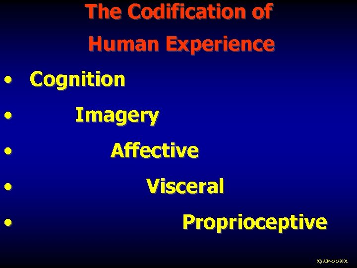 The Codification of Human Experience • Cognition • • Imagery Affective Visceral Proprioceptive (C)