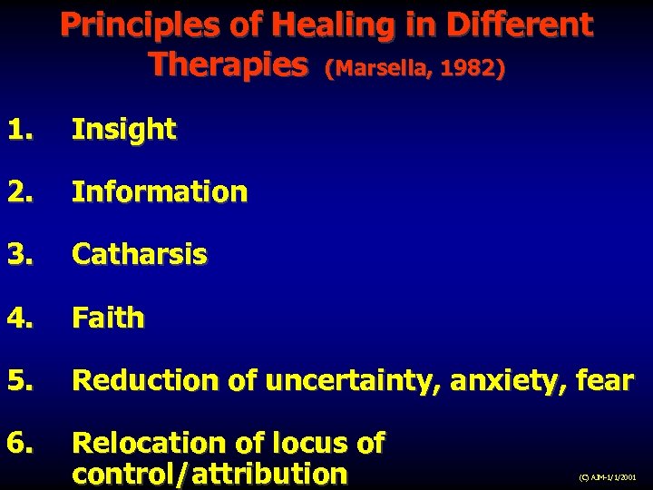 Principles of Healing in Different Therapies (Marsella, 1982) 1. Insight 2. Information 3. Catharsis