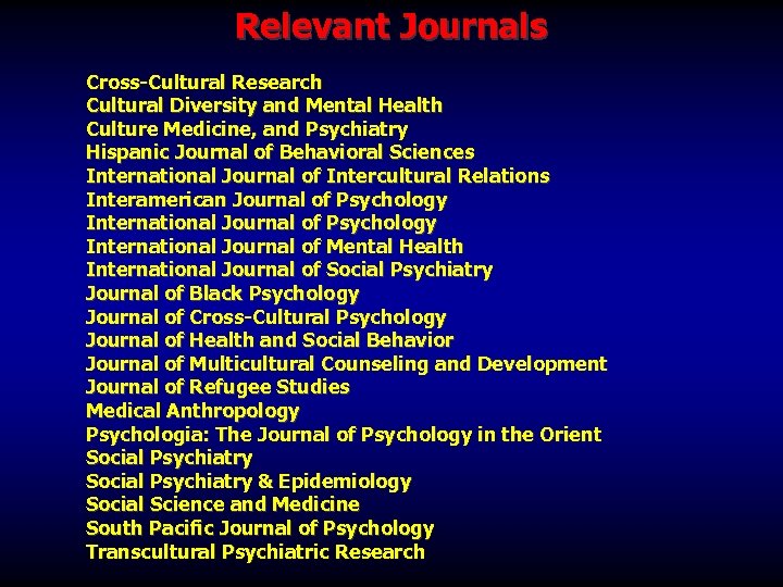 Relevant Journals Cross-Cultural Research Cultural Diversity and Mental Health Culture Medicine, and Psychiatry Hispanic