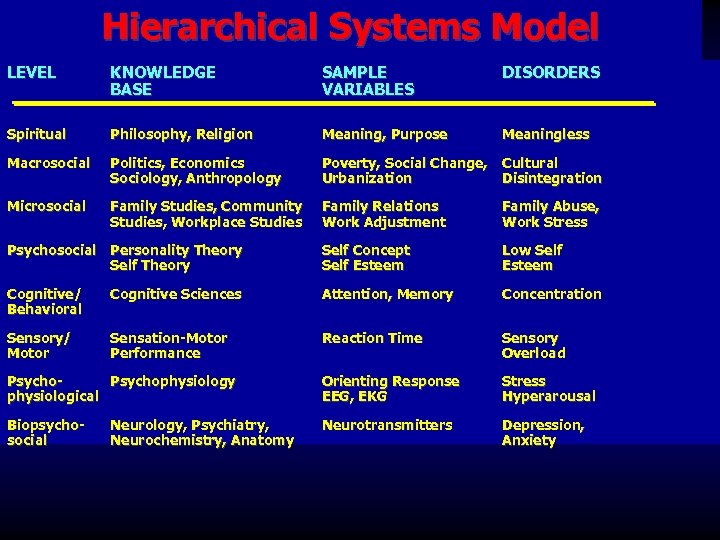 Hierarchical Systems Model LEVEL KNOWLEDGE BASE SAMPLE VARIABLES DISORDERS Spiritual Philosophy, Religion Meaning, Purpose