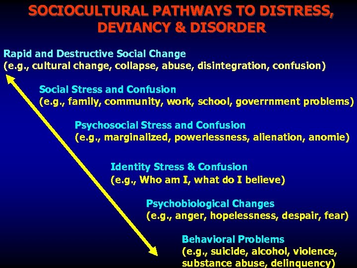 SOCIOCULTURAL PATHWAYS TO DISTRESS, DEVIANCY & DISORDER Rapid and Destructive Social Change (e. g.