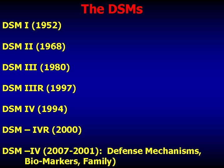 The DSMs DSM I (1952) DSM II (1968) DSM III (1980) DSM IIIR (1997)
