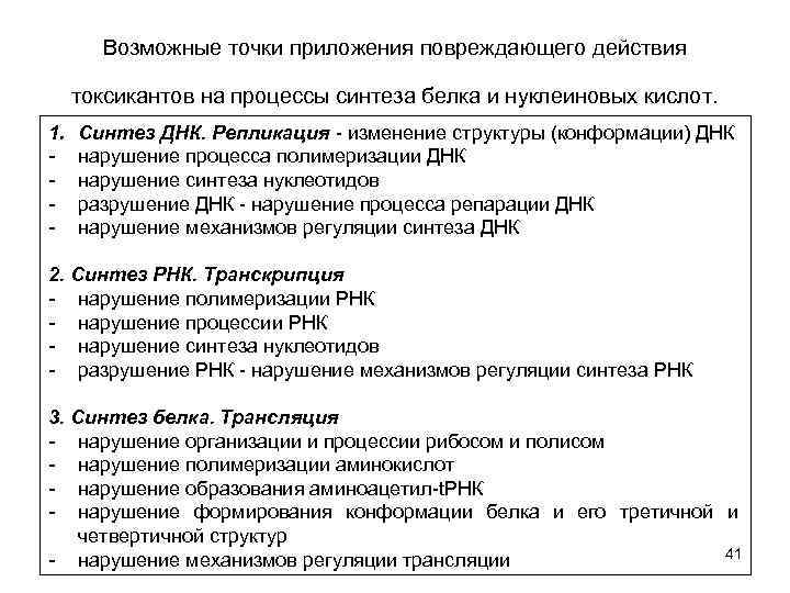 Возможные точки приложения повреждающего действия токсикантов на процессы синтеза белка и нуклеиновых кислот. 1.