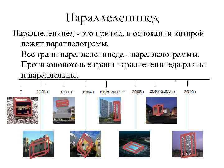 Параллелепипед - это призма, в основании которой лежит параллелограмм. Все грани параллелепипеда - параллелограммы.