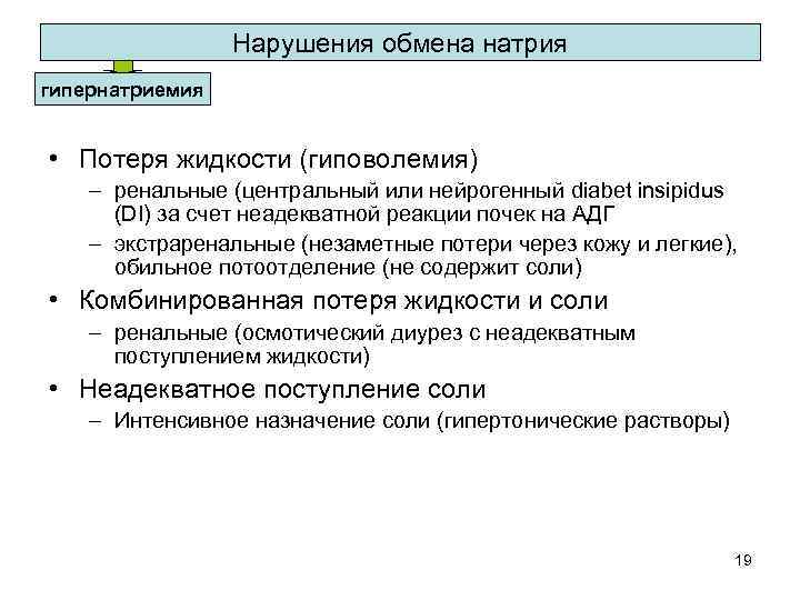 Нарушения обмена натрия гипернатриемия • Потеря жидкости (гиповолемия) – ренальные (центральный или нейрогенный diabet