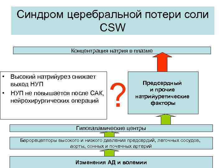 Синдром церебральной потери соли CSW Концентрация натрия в плазме • Высокий натрийурез снижает выход