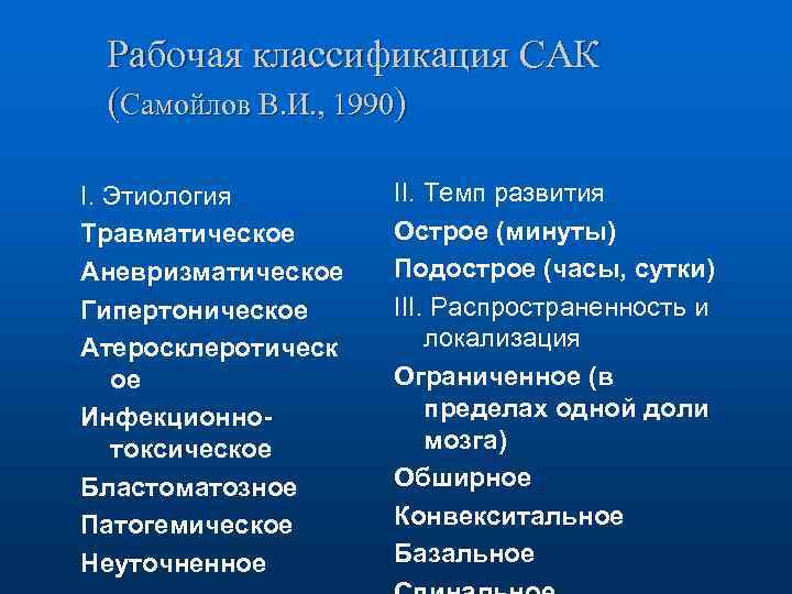 Рабочая классификация САК (Самойлов В. И. , 1990) I. Этиология Травматическое Аневризматическое Гипертоническое Атеросклеротическ