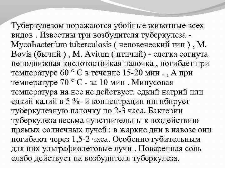 Туберкулезом поражаются убойные животные всех видов. Известны три возбудителя туберкулеза Мусо. Ьасtеrium tuberculosis (