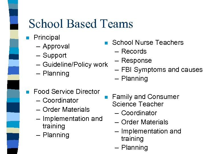 School Based Teams n Principal n – Approval – Support – Guideline/Policy work –