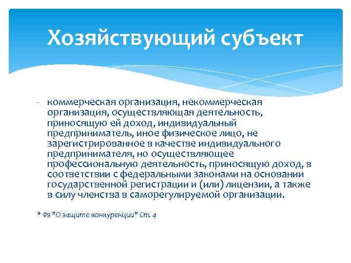 Хозяйствующий субъект - коммерческая организация, некоммерческая организация, осуществляющая деятельность, приносящую ей доход, индивидуальный предприниматель,