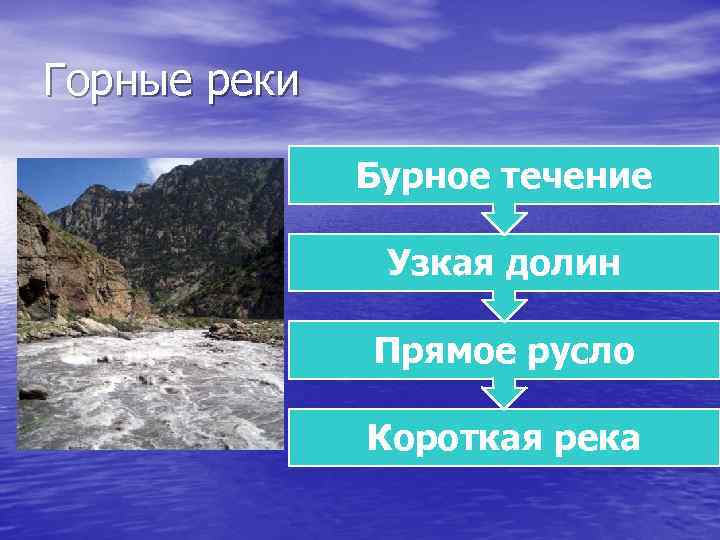 Горные реки Бурное течение Узкая долин Прямое русло Короткая река 