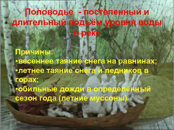 Половодье - постепенный и длительный подъём уровня воды в реке Причины: • весеннее таяние