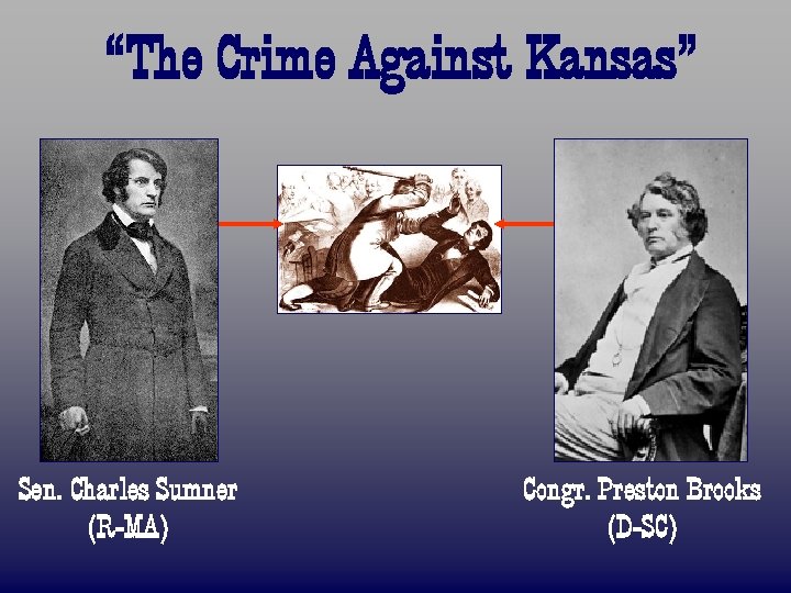 “The Crime Against Kansas” Sen. Charles Sumner (R-MA) Congr. Preston Brooks (D-SC) 