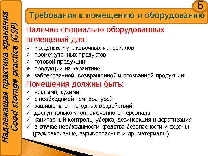 Надлежащая практика хранения Good storage practice (GSP) 6 Требования к помещению и оборудованию Наличие