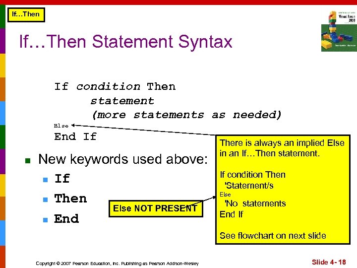 If…Then Statement Syntax If condition Then statement (more statements as needed) Else End If