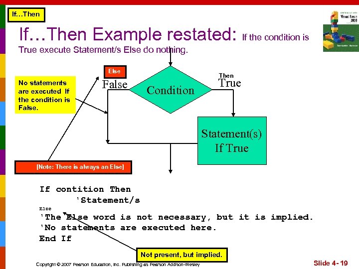If…Then Example restated: If the condition is True execute Statement/s Else do nothing. Else
