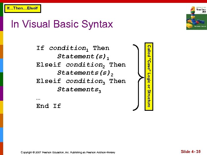 If…Then…Elseif In Visual Basic Syntax Copyright © 2007 Pearson Education, Inc. Publishing as Pearson