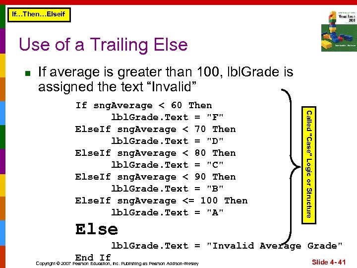 If…Then…Elseif Use of a Trailing Else n If average is greater than 100, lbl.