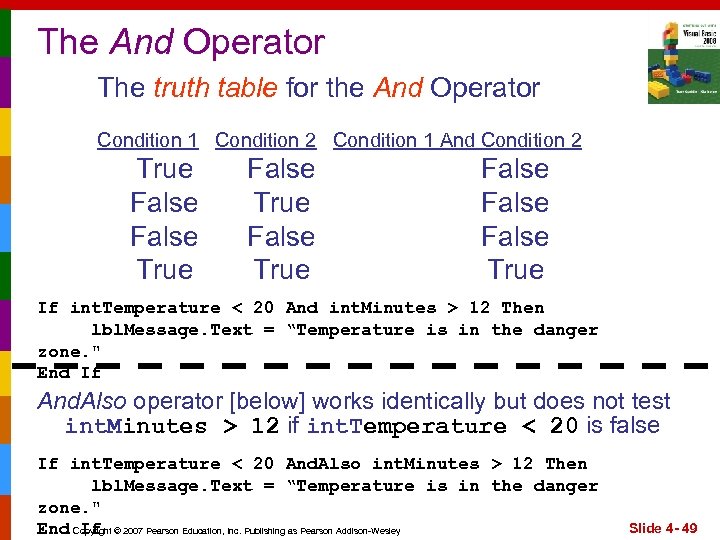 The And Operator The truth table for the And Operator Condition 1 Condition 2