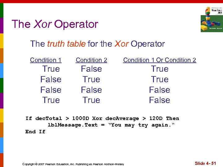 The Xor Operator The truth table for the Xor Operator Condition 1 True False