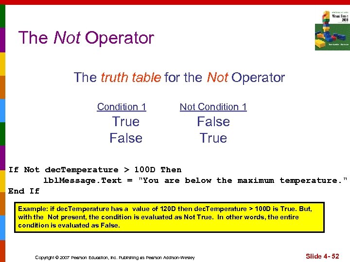 The Not Operator The truth table for the Not Operator Condition 1 Not Condition