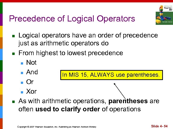 Precedence of Logical Operators n n n Logical operators have an order of precedence