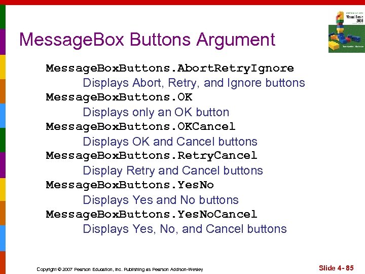 Message. Box Buttons Argument Message. Box. Buttons. Abort. Retry. Ignore Displays Abort, Retry, and