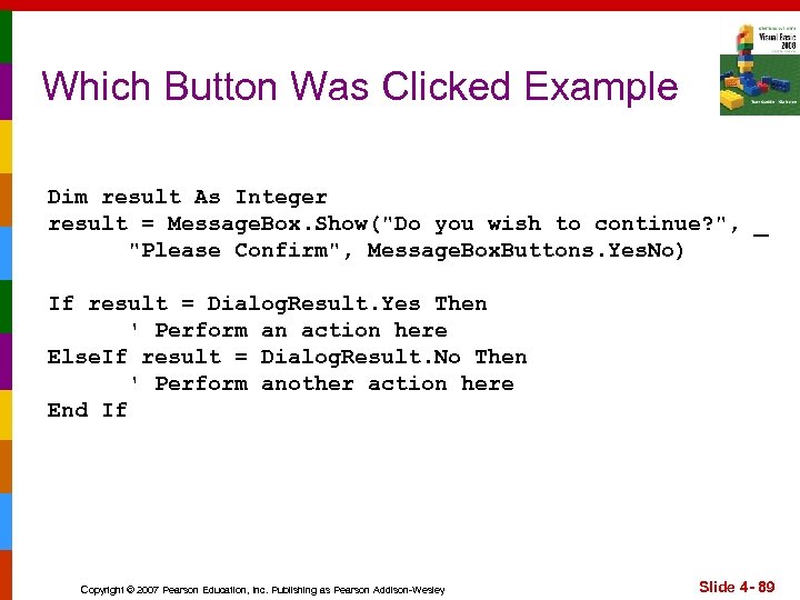 Which Button Was Clicked Example Dim result As Integer result = Message. Box. Show(
