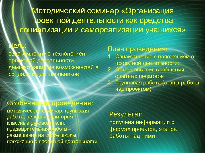 Методический семинар «Организация проектной деятельности как средства социализации и самореализации учащихся» Цель: ознакомление с