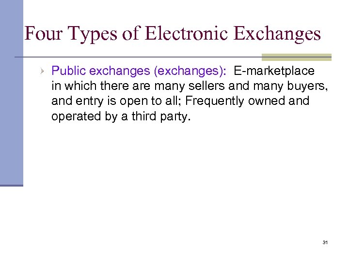 Four Types of Electronic Exchanges Public exchanges (exchanges): E-marketplace in which there are many