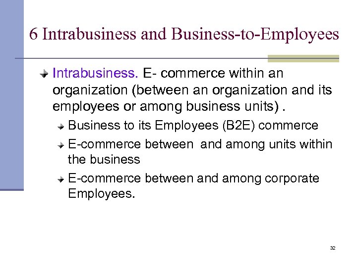 6 Intrabusiness and Business-to-Employees Intrabusiness. E- commerce within an organization (between an organization and