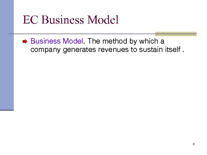 EC Business Model. The method by which a company generates revenues to sustain itself.