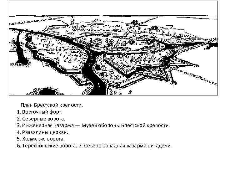  План Брестской крепости. 1. Восточный форт. 2. Северные ворота. 3. Инженерная казарма —